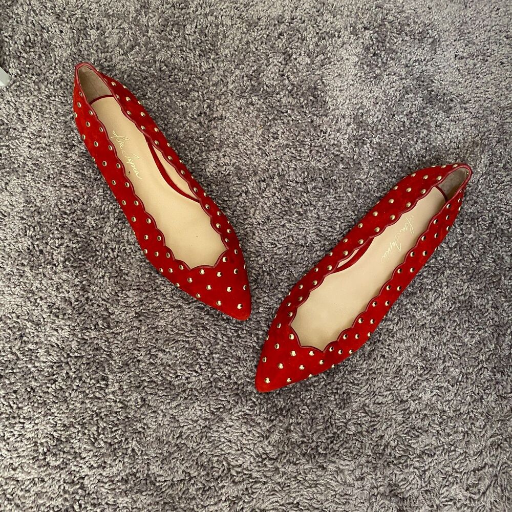 ISA TAPIA Dora Red Studded Scalloped Suede Flats Size 40/9.5-10
